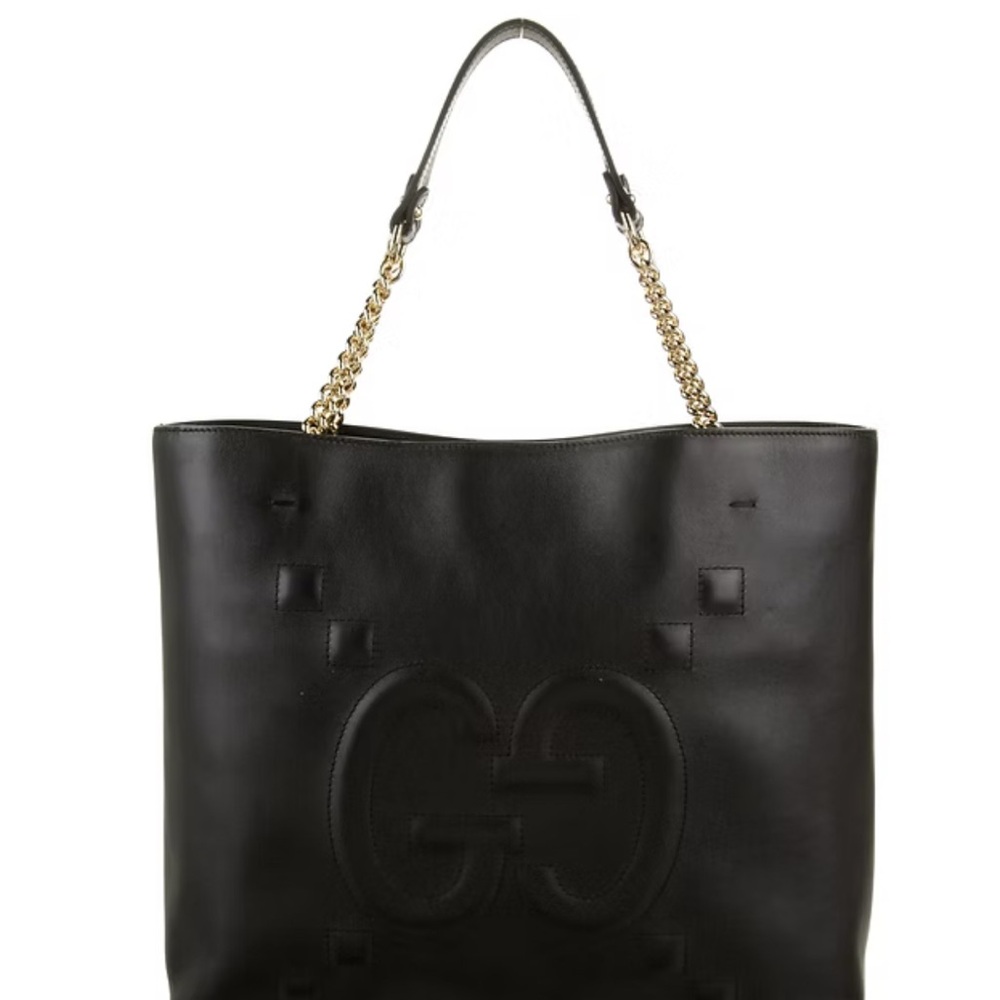 Gucci Black Leather Tote with Gold Chain